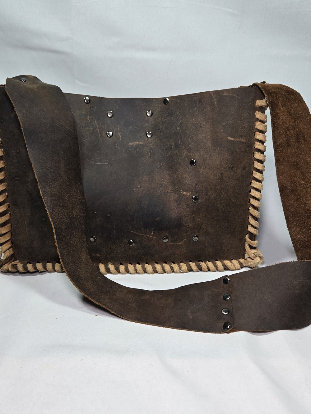 Vintage HANDMADE Full Grain Leather Bag Purse Large Artisan Studded Rustic
